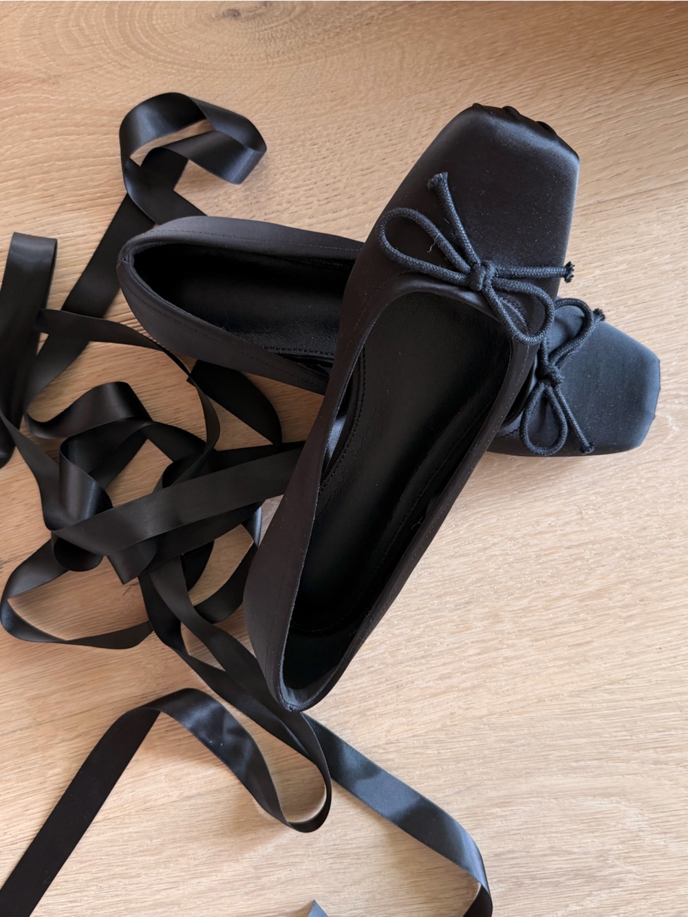 Amazon Black Satin Square-Toe Ballet Flats with Ribbon Tie